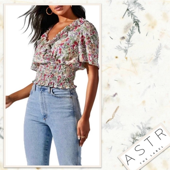 ASTR THE LABEL Smocked Waist Faux Wrap Look Multi Floral M - Picture 5 of 10